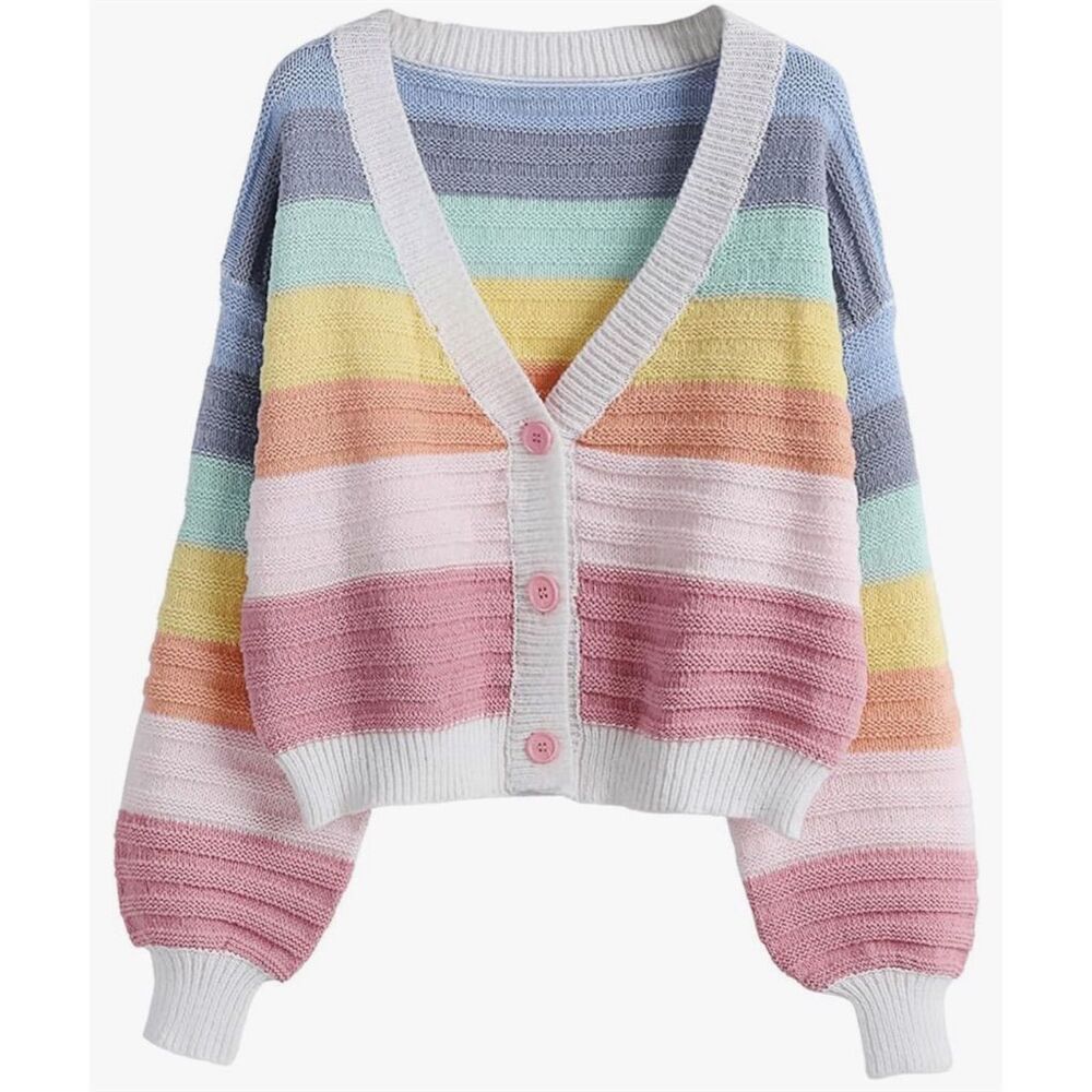Women’s V-Neck Rainbow Striped Cardigan Sweater Size Large